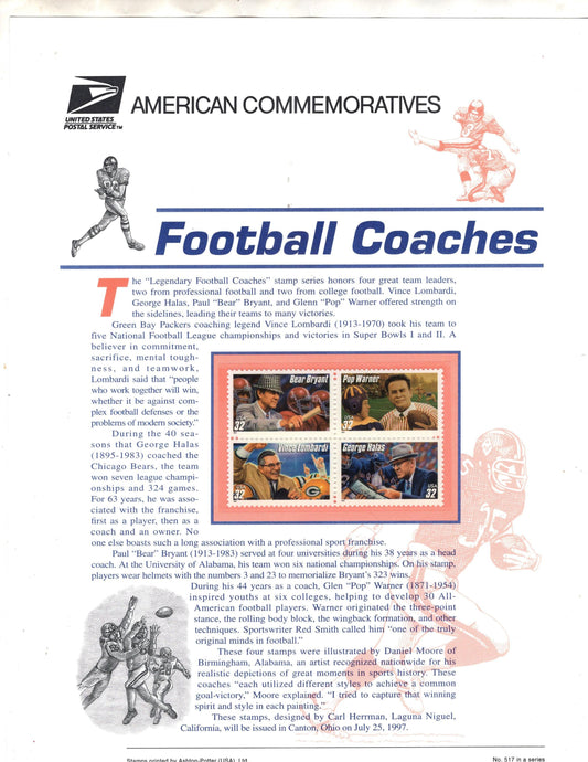 FOOTBALL COACHES LOMBARDI Bryant Halas Warner - Commemorative Panel w/ Block of 4 Stamps Illustrations Text Great Gift 8.5x11
