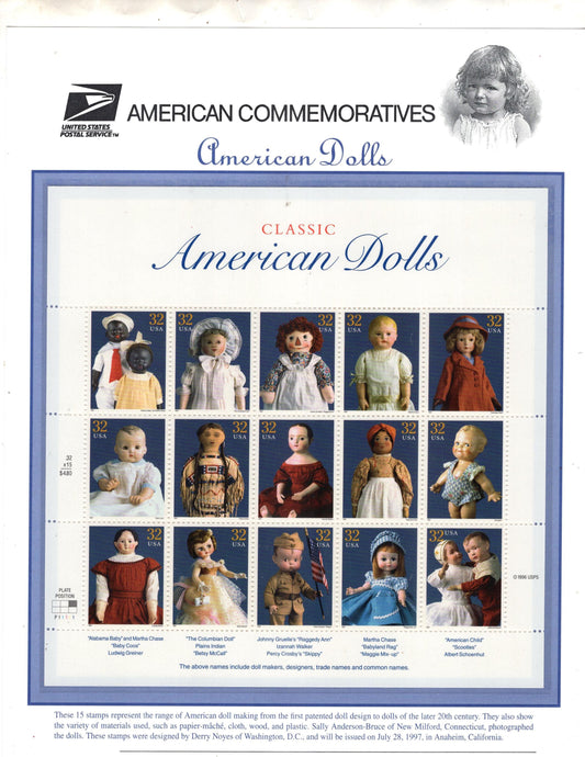 15 AMERICAN DOLLS inc Indian Black Raggedy Ann - Commemorative Panel w/Sheet of 15 Stamps Illustrations Text Great Gift 8.5x11