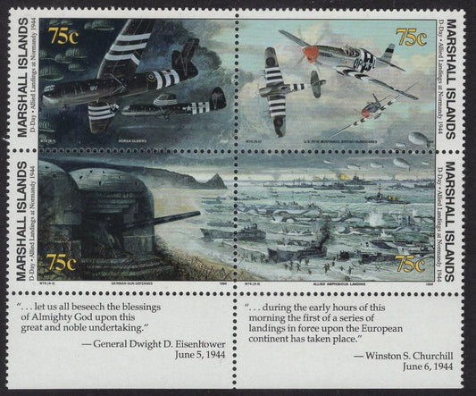 WORLD WAR II WW2 History D-Day Normandy 1944 Block of 4 Stamps with Descriptive Tab - Marshall Islands Stamps - Vintage 1994